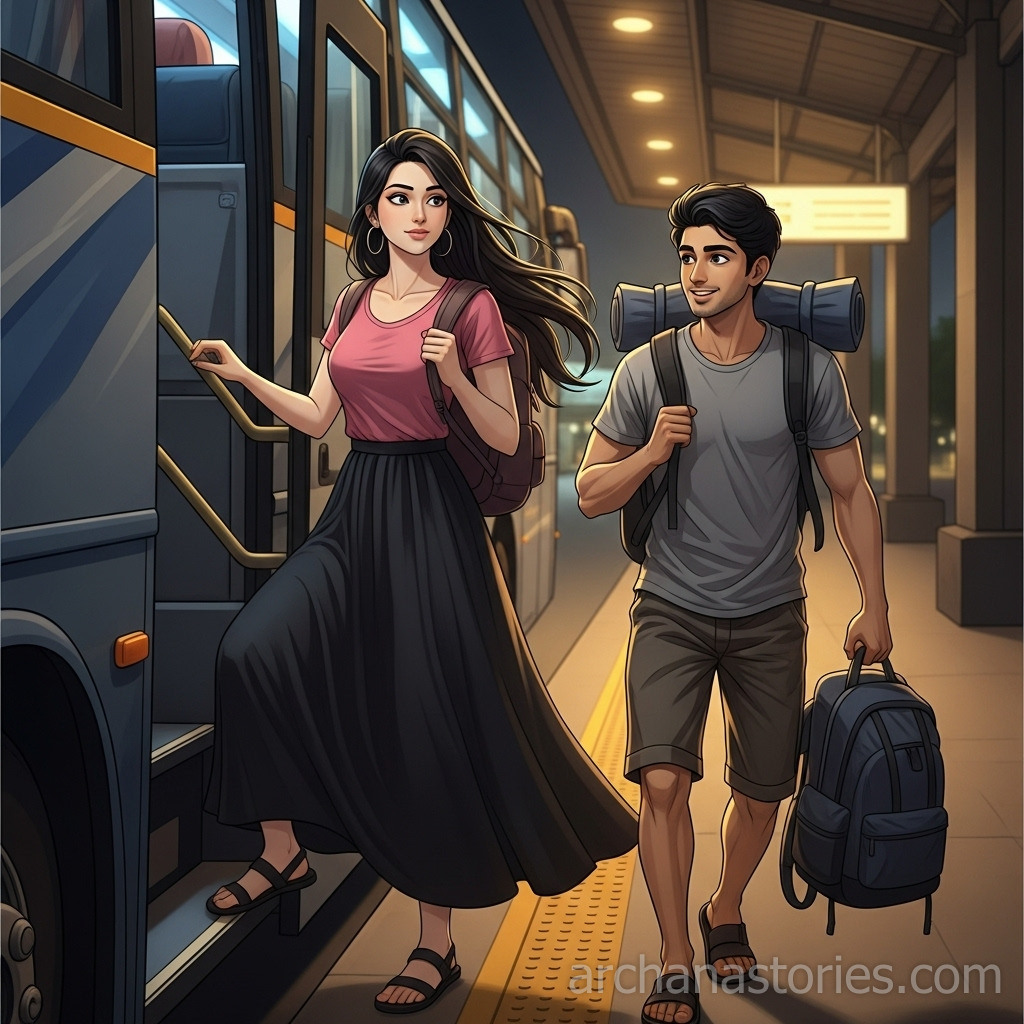 Archana and Sarath boarding the bus